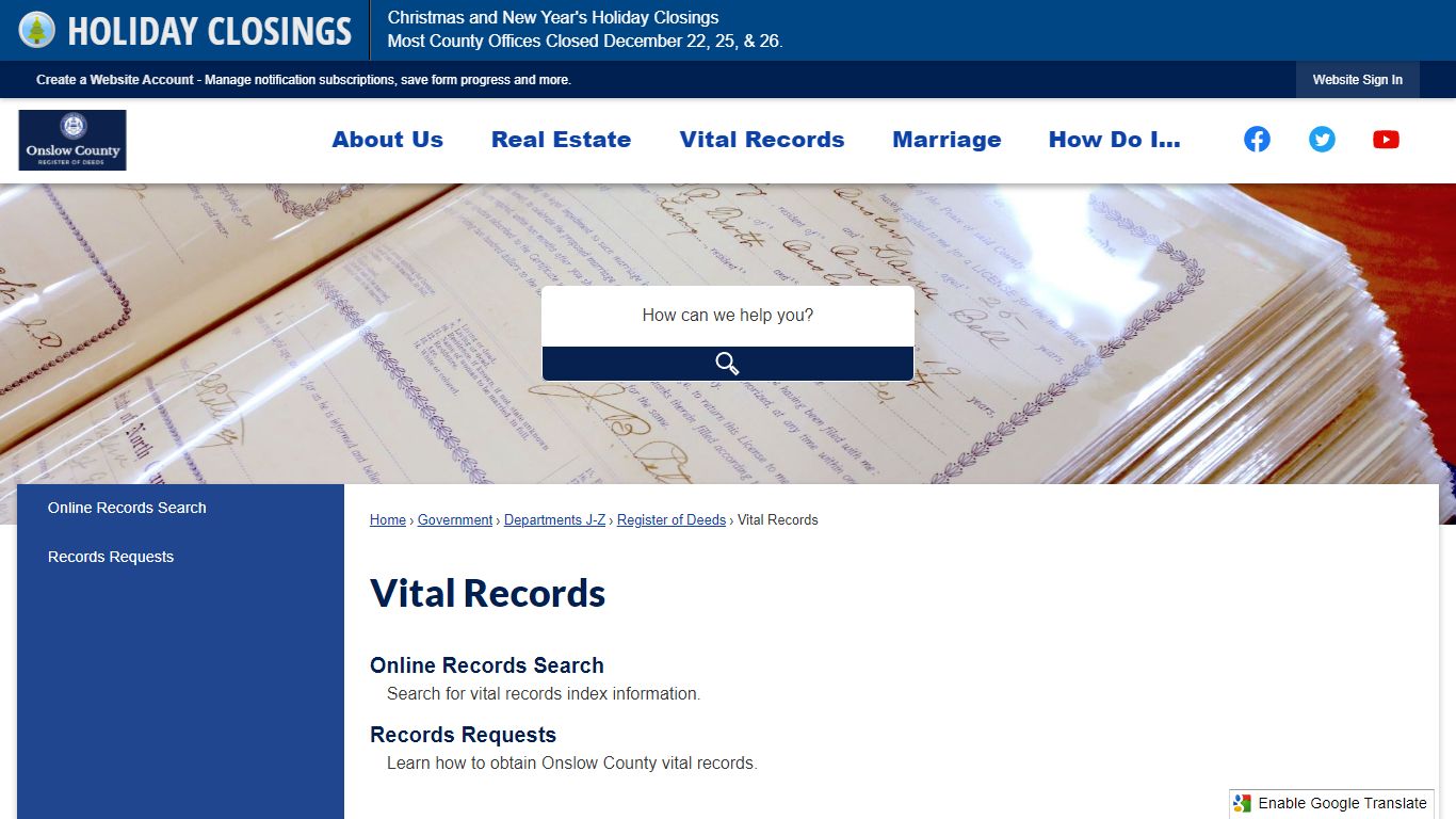 Vital Records | Onslow County, NC